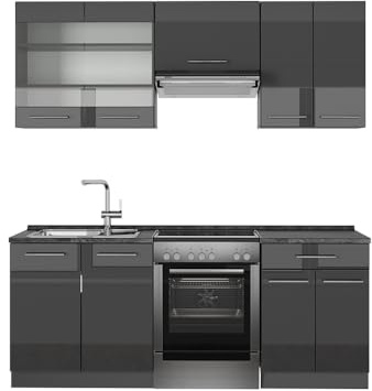 Vicco Küchenzeile Fame-Line, Anthrazit Hochglanz, 200 cm ohne Arbeitsplatte, geeignet für Variable Modulplatzierung und Erweiterung