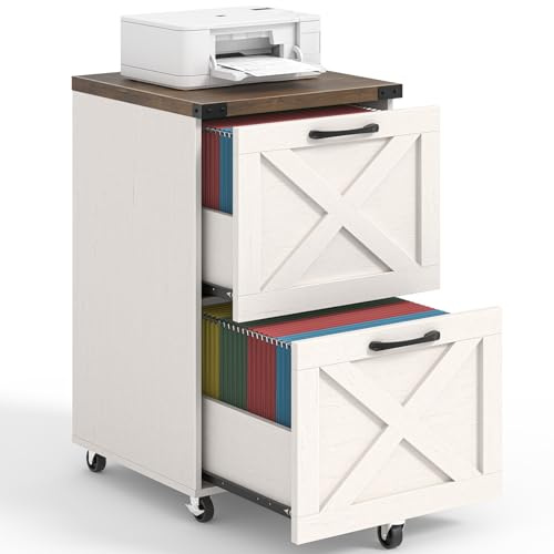 Halitaa 2 Drawer Small File Cabinet with Wheels, Farmhouse Vertical Filing Cabinet Fits A4/Letter Size, Under Desk Rolling File Cabinets for Home Office, Wooden Printer Stand, Rustic White