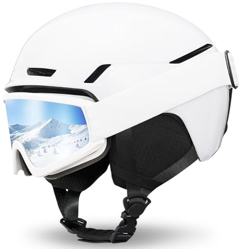 Ski Helmet with Goggles Set,DXH-816 Snowboard Helmet for Adults-with 6 Vents, PC Shell and EPS Foam, Snow Helmets for Men Women Youth(Glossy White Ski Helmet with Ski Goggles,S)