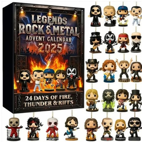 Adventskalender 2025 für Legends of Rock and Roll Metal Music, 24 Tage Heavy Metal Countdown Kalender mit kultigen Musikfiguren zum Sammeln und Weihnachtsgeschenke für Erwachsene Hard Rock Band Fans