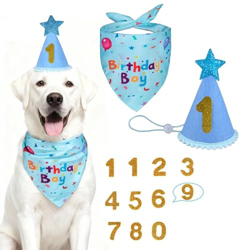 3 Stück Hunde Geburtstag Hut Bandana Set,Hunde Geburtstags Bandana Mütze mit 8 Bling Nummern,Hundegeburtstagsgeschenk,Hund Geburtstag Deko