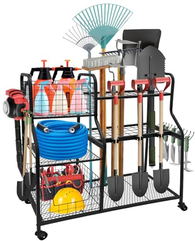 Smocraut Gartengeräte Ständer Organizer mit Rädern – 92x42x100cm | Stabile Gartengeräte Halterung mit Haken, Gartengerätehalter für Garage Storage, Schuppen, Hof & Gartenhäuser
