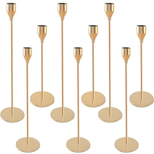 Dazhtu 9 Pcs Bougeoir Chandelier Rétro Métal Porte-Bougie Conique pour Mariage Noël aux Chandelles Dîner Banquet ​Or Bougeoirs Porte-Bougies pour Table, cheminée, Mariage, chandelle, décorer