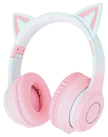 Cuifati Kabelloses Gaming-Headset, Bluetooth 5.3, Kabelloser Gaming-Kopfhörer mit Stereo-Sound, Abnehmbarem Mikrofon, LED-Licht, 3,5-mm-AUX-Kabel mit Kabel, Niedliches Ohr, für PC und (PINK)