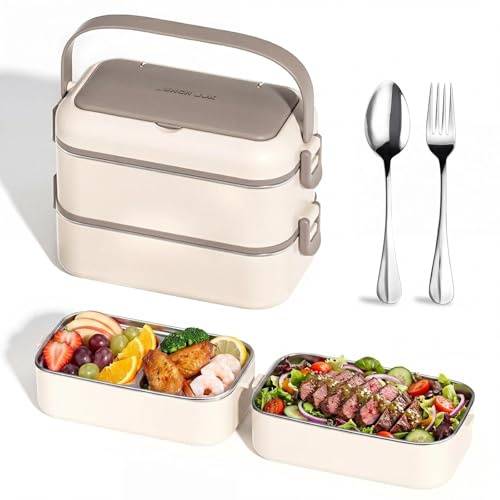 Eulihent Fiambreras Comida Trabajo Lunch Box Acero Inoxidable Fiambrera con Compartimentos Bento Box Microondas Lunchbox de 2 Capas loncheras para Picnic Escuela Oficinas Adultos Niños (Caqui)