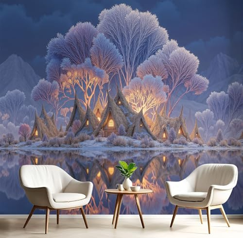 Fotomurales Xl 250X175Cm Pueblo Forestal De Fantasía Paisaje De Lago Papel Pintado Panorámico 3D Azul Profundo Decoración De Pared Moderna Murales Para Pared Salón Cocina Baño Pasillo Comedor