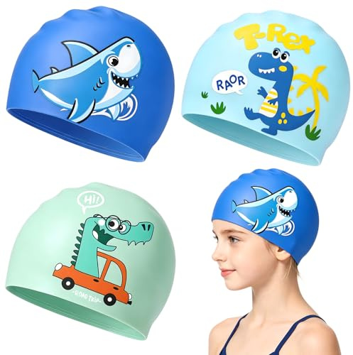 3 Stück Kinder Badekappe Schwimmhaube 3-8 Jahre – wasserdichte Schwimmkappe für Jungen Mädchen, Elastische Schwimmkappe Junior aus Weichem Stoff