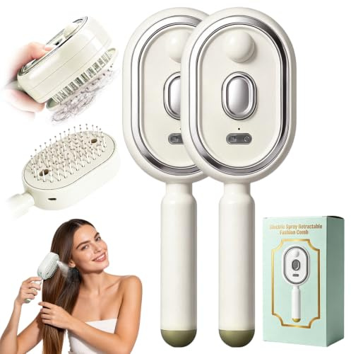 Brosses à vapeur électriques pour cheveux, lisseur à vapeur rechargeable, brosse à vapeu-r démêlante pour cheveux courts Lissage Maison Quotidiens Voyage Filles Femmes (Blanc-2pack)