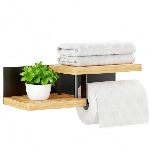 Toilettenpapierhalter mit Ablage, klopapierhalter Holz aus Stahl und Bambus, Toilettenpapierhalter ohne Bohren, Klorollenhalter eignet Sich für Toiletten und Küchen.