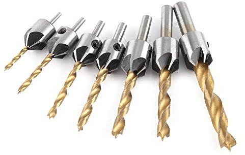 Titan Beschichtetes Senk Bohrer Set, Akozon Bohrer Zimmerei Holzbearbeitung Boring Tool Rundschaft mit Inbusschlüssel HSS Zimmerei Reibahlen Kernbohrer (7 sets + small wrench (3-10mm))