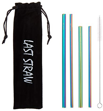 Last Straw Black Velvet Collection – Portable 304 Stainless Steel Cocktail Length Eco-Friendly Drinking Straws - Set of 4 Washable Rainbow Straws + Brush + Velvet Carrying Pouch