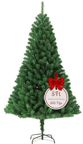 EVRE 5FT Realistic Artificial Christmas Tree 500 PVC Tips Pine Branches Metal Stand Easy Assembly Bushy Premium Fir Christmas Tree 5FT 150cm Green Small Xmas Tree Indoor Outdoor Holiday Decorations