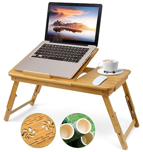 Laptoptisch aus Bambus, Höhenverstellbar Laptopständer, Klappbar Notebooktisch mit kleine Schublade, 5 Neigungswinkel Verstellbar Laptop Tisch für Bett, Frühstückstablett, 55x35cm