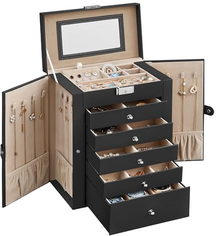 SONGMICS Schmuckkästchen 6 Ebenen, Schmuckkasten mit 5 Schubladen, viel Stauraum, innen mit Spiegel, abschließbar, Schmuckaufbewahrung, Geschenk für Ihre Liebsten, für Uhren, schwarz JBC152B01