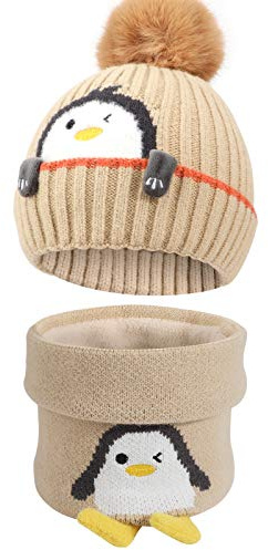 TAGVO Strickmütze, Schal, warm, für Kinder, Winter, dick, gefüttert, Thermo-Fleece, mit Halswärmer, für Jungen und Mädchen, 3 – 6 Jahre