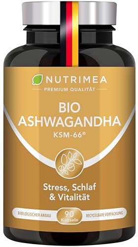 Ashwagandha Bio | Patentgeschützter Extrakt KSM 66Ⓡ | Nutrimea | Mit 5% an Withanoliden | 100 % natürlich | Glutenfrei | Laktosefrei | GVO-frei | 120 Kapseln | Premium Qualität