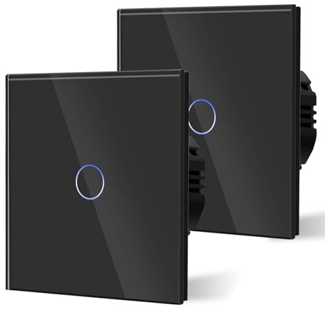 BSEED Touch Lichtschalter aus Glas, Modern Schalter Unterputz, Wandschalter mit LED Hinterlicht (Kein Neutralleiter erforderlich), KEIN WLAN, 86mm 1 Fach 2 Wege Schwarz, 2 Pack