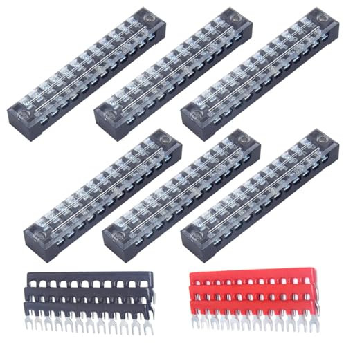 CEEYSEE Schraubklemmenleiste, 6 Stück 12 Positionen zweireihig abgedeckte Schraubklemme 600V 15A + 6 Stück 12 Positionen vorisoliert schwarz/rot Gabelklemmleiste 400V 15A (DTB1512)