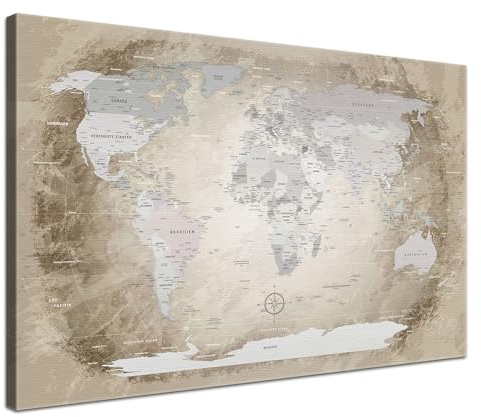 Stilvolle Pinnwand Weltkarte - Beige - Deutsch in 120 x 80 cm, stabile Rückwand zum Pinnen inkl. Starterkit - Leinwand-Kunstdruck Wandbild Landkarte XXL