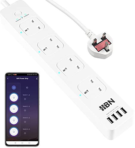 HBN Smart Wi-Fi Power Strip with 4 AC Outlets 4 USB Ports with 1.8 Meter Power Cord, APP Remote Control, Works with Alexa and Google Home (13A 3120W)