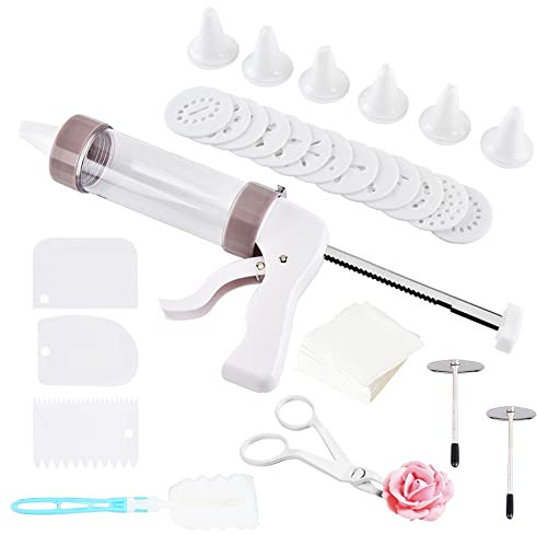 Woohome Cookie Maker Press Kit Cake Decorating Baking Kit 1 Pack Cupcake Filling Tools with Icing Nozzles Cream Scrapers Nozzle, Flower Nail Lifter for Cake Decor