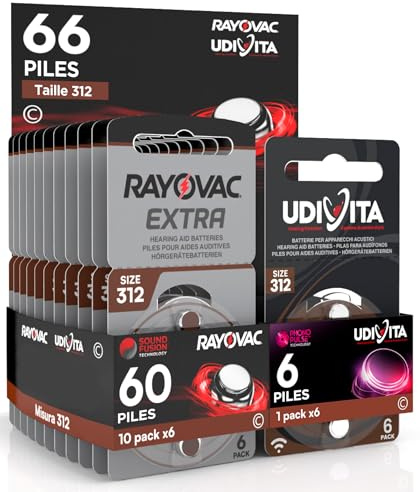 66 Piles Taille 312 pour Les Aides auditives PR41 (Marron - Zinc Air) avec la Technologie Phono Pulse pour amplificateur auditif - 66 Piles: 6 Udivita + 60 Rayovac