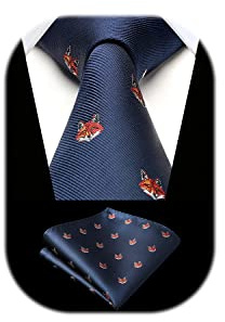 HISDERN Navy Blue Ties For Men Fox Pattern Tie For Wedding Party Woven Silk Animal Handkerchief Novelty Necktie and Pocket Square Set