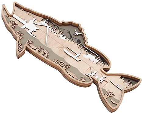 Decoración de peces Estatuas de animales de madera, talla de madera 3D de múltiples capas Decoración de tallado de pared de pez Hueco de pez Rayado Arte de pared Esculturas de pared Estatuas(A1)