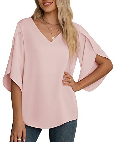 Yommay Camicetta in chiffon da donna top elegante casual allentato 3/4 increspato manica divisa scollo a V camicetta estiva t-shirt, rosa, L