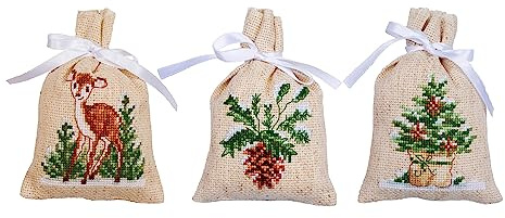 Vervaco Zählmusterpackung Stickset Säckchen Winter 3er DIY Gezählter Kreuzstich Stickpackungen Basteln Erwachsene Kreativ Set 8 x 12 cm Stickset für Anfänger Stoffbeutel zum Sticken