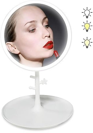 Ovker espejo cosmético con iluminación, pie de maquillaje antideslumbrante, 3 colores de luz LED, brillo regulable e interruptor táctil