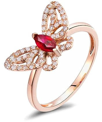 Ring Damen Diamant, Vorsteckring Gold 750 18 Karat Roségold Rubin Marquise-Form Schmetterling mit 0,24 ct Rubin Schmuck Größe 47 (15.0)