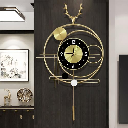 GERHWASH Reloj de pared grande - Reloj de pared silencioso dorado con péndulo, reloj de pared moderno y simple, relojes de cocina para sala de estar, dormitorio, oficina, decoración de pared