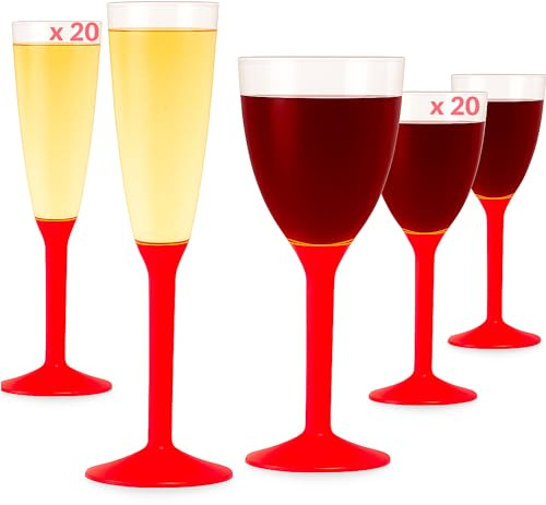 Table'Colors Flutes Champagne (20) + Verres Reutilisable (20) - Gobelet, Verre a Pied Coloré - Design Idéal pour Anniversaire, Mariage, Noël - 100% Recyclable et Réutilisable (Rouge)