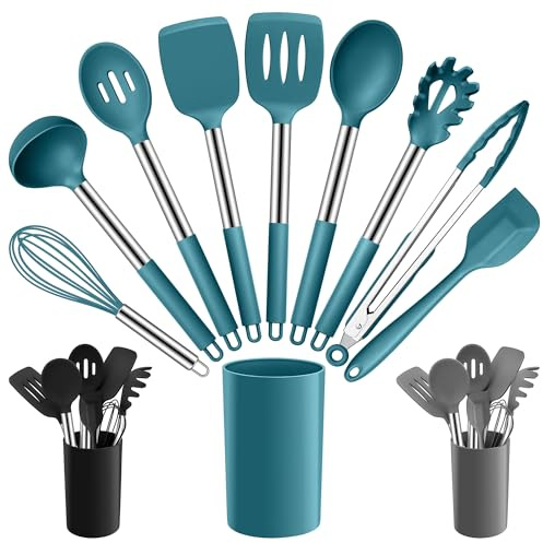 Joyfair 10 Pcs Kitchen Cooking Utensils Set (Non Scratch, Blue) | Stainless Steel Core, Soft Silicone Surface, Spatula/Turner/Spoon/Holder Tool Set, Heat Resistant, Dishwasher Safe