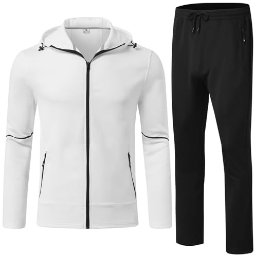 donhobo Herren Trainingsanzug Polyester Jogginganzug Sportanzug 2 Piece Sportjacke und Sporthose Gym Tracksuit Hoodie Atmungsaktiv Hausanzug, Weiß, XXL