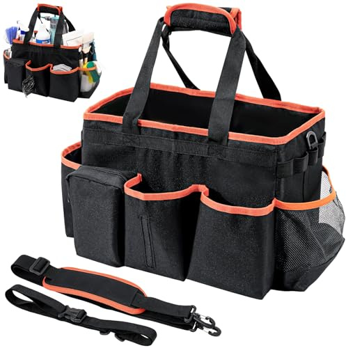 ProCase Panier de Ménage avec Poignées et Bandoulière, Sac de Nettoyage Pliable, Sac de Rangement Produit de Ménage avec 5 Compartiments -Noir