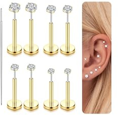 LOLIAS 14K Gold Filled Threadless Nose Studs CZ Nose Rings for Women Men 316L Surgical Steel Labret Studs Lip Rings Push in Flat Back Stud Earrings CZ Nose Nostril Tragus Helix Piercing Jewelry