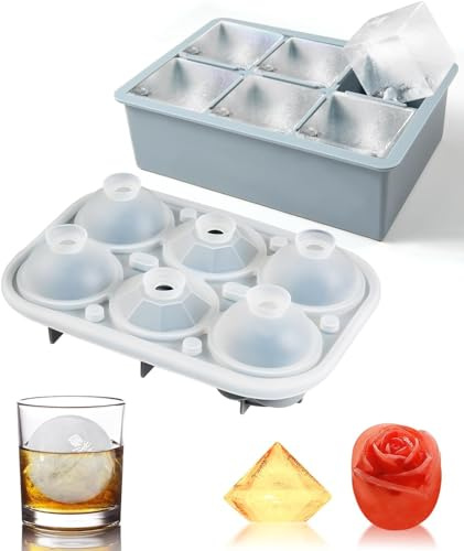 Set of 2 Ice Cube Trays for Freezer with Lid,Makes 6 Large Square Silicone Molds,2 Circle Round,2 Rose & 2 Diamond Ice Molds, Silicone Fun Ice Maker for Whiskey,Cocktails & DIY, BPA Free