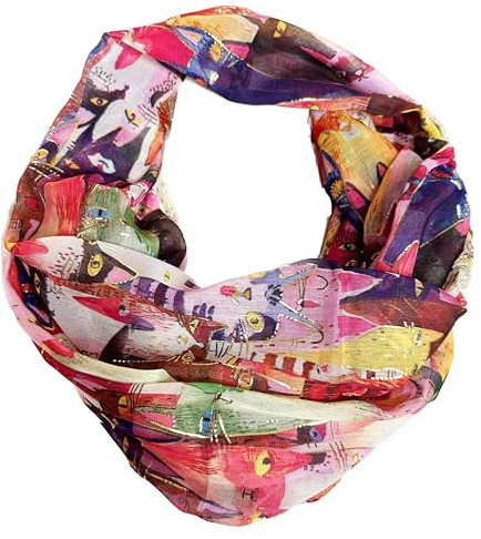 J26 Glitzer Katze Cartoon Seide Sommer Loop Kätzchen Silk Stripes Regenbogen Rundschal