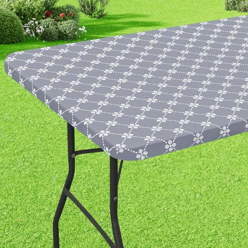 misaya Rechteckige Vinyl-Tischdecke, elastische Tischdecke mit Flanell-Rückseite, wasserdichte Kunststoff-Tischdecke, passend für 150 cm Klapptische für Camping, drinnen und draußen (Grau, 76,2 x