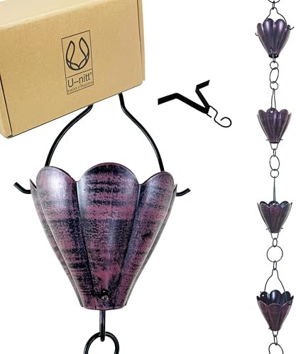 U-nitt Rain Chain Water Collection for Gutters Rainwater Catcher & Diverter, 8.5 FT Chains for Outside Garden, Crimson Red Cups, Roof Downspout, Works with Heavy Rain, w/Gutter Clip for Rainchains