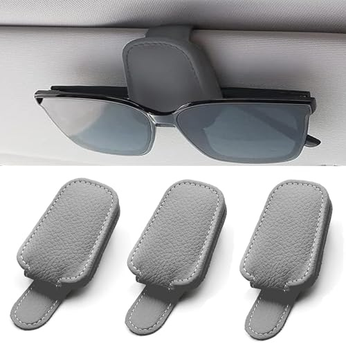 AHEJIOO 3 Stück Brillenhalter für Auto – Universeller Sonnenbrillenhalter Auto – Premium Auto Zubehör Innenraum, Grau Leder