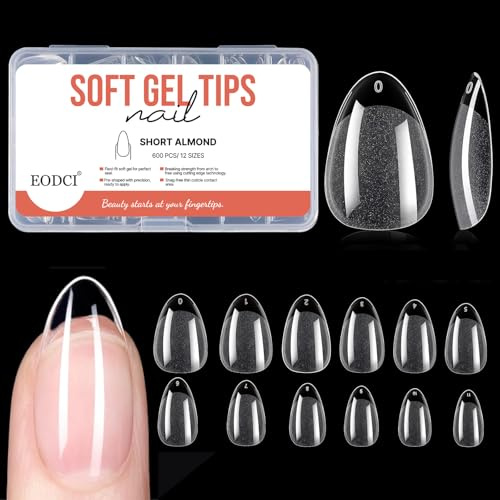 EODCI Kurze Mandel Nageltips für Gelnägel, Gel Full Cover Nail Tips, Pre-Shaped Halbmatt tips nägel Gelly Nagelspitzen für Nagelverlängerung und Nail Art DIY Nagelstudio 600 Pieces 12 Sizes