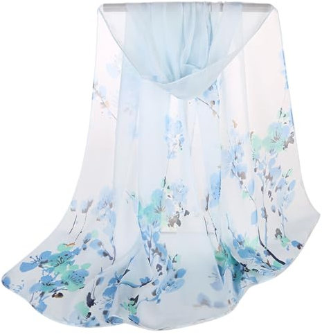 KETAFOUND Chiffon-Halstuch – Sommer-Halstuch Mit Blumendruck, Retro-Damen-Transparent-Wickeltuch, Vielseitige, Modische, Leichte, Atmungsaktive Schal-Wickelschals, Hellblau, 47 X 155 Cm