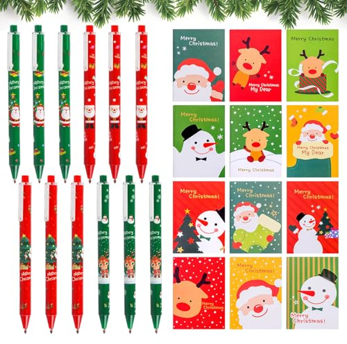 24 Stück Weihnachten Schreibwaren Set, Kugelschreiber Weihnachten, Mini Notizblöcke Weihnachten (Zufälliges Muster), Gelstifte Kugelschreiber, Briefpapier Versorgung Geschenk Weihnachtskugelschreiber
