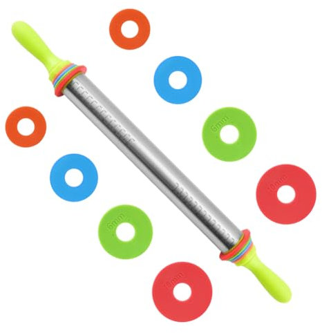 FOGARI Mattarello regolabile in acciaio inox, per pasta in metallo, antiaderente – Mattarello fondente con anelli rimovibili, in 4 misure, anti-aderenza, senza BPA, 35 cm