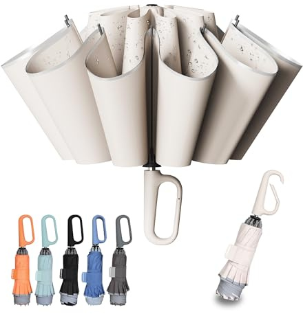 TUMAAOTU Compact Inverted Umbrella with Never Forget Carabiner Handle - Travel Umbrella Windproof Strong, Reverse Umbrellas for wind rain, Auto Open Close, 10 Rib Durable Frame for Women Men (White)