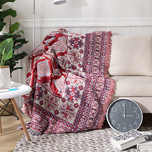 Überwurfdecke mit geometrischem Muster, Quasten, für Sofa, Bett, Couch, Rot, 90 x 150 cm, große multifunktionale Strickdecke