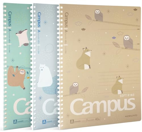 KOKUYO Spiral Notebook Journal, 3 Pack Campus B5 Soft Ring Notebooks with Dotted A 7mm Rule, 40 Sheets, Cute Animal 1 Subject Notebook in Blue Yellow Green, College Office Note Taking. Japan Import